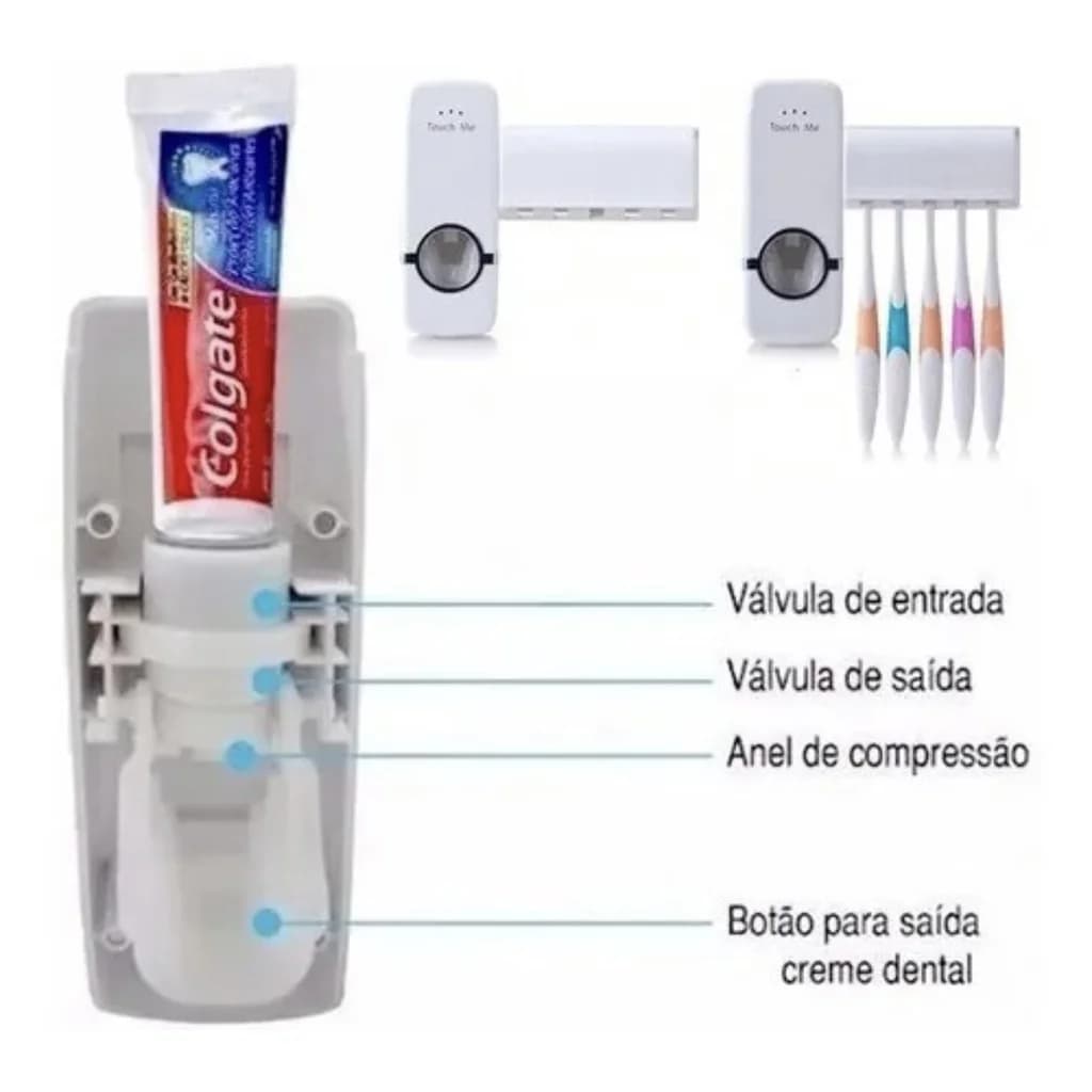 Dispenser automático branco para creme dental com suporte para escovas e explicação das válvulas internas