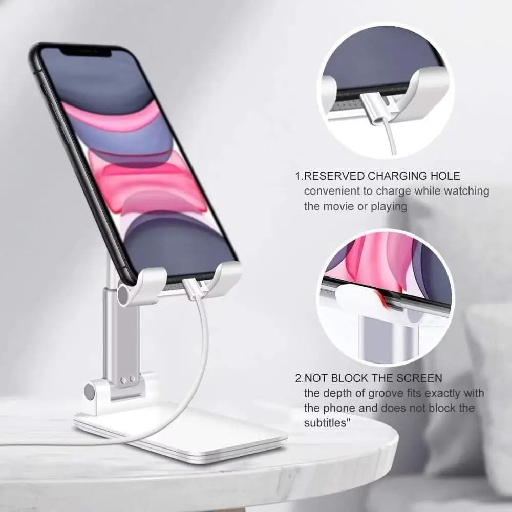 Suporte branco para celular com furo para carregamento e design que não bloqueia a tela