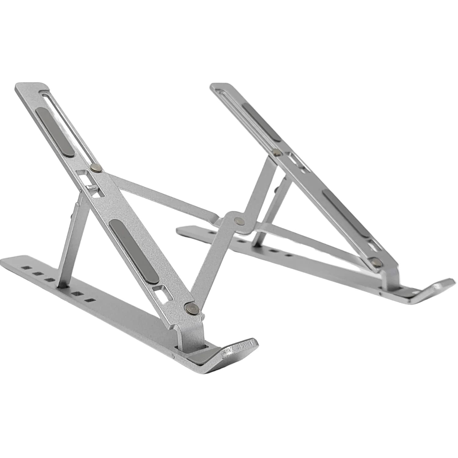 Suporte para notebook ajustável em alumínio cinza com design moderno e estrutura resistente para laptops