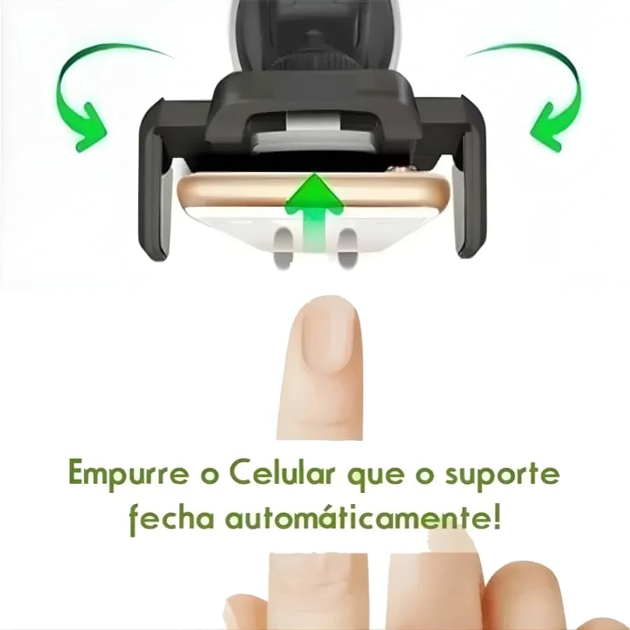 Suporte veicular para celular com mecanismo de fechamento automático ao empurrar o aparelho
