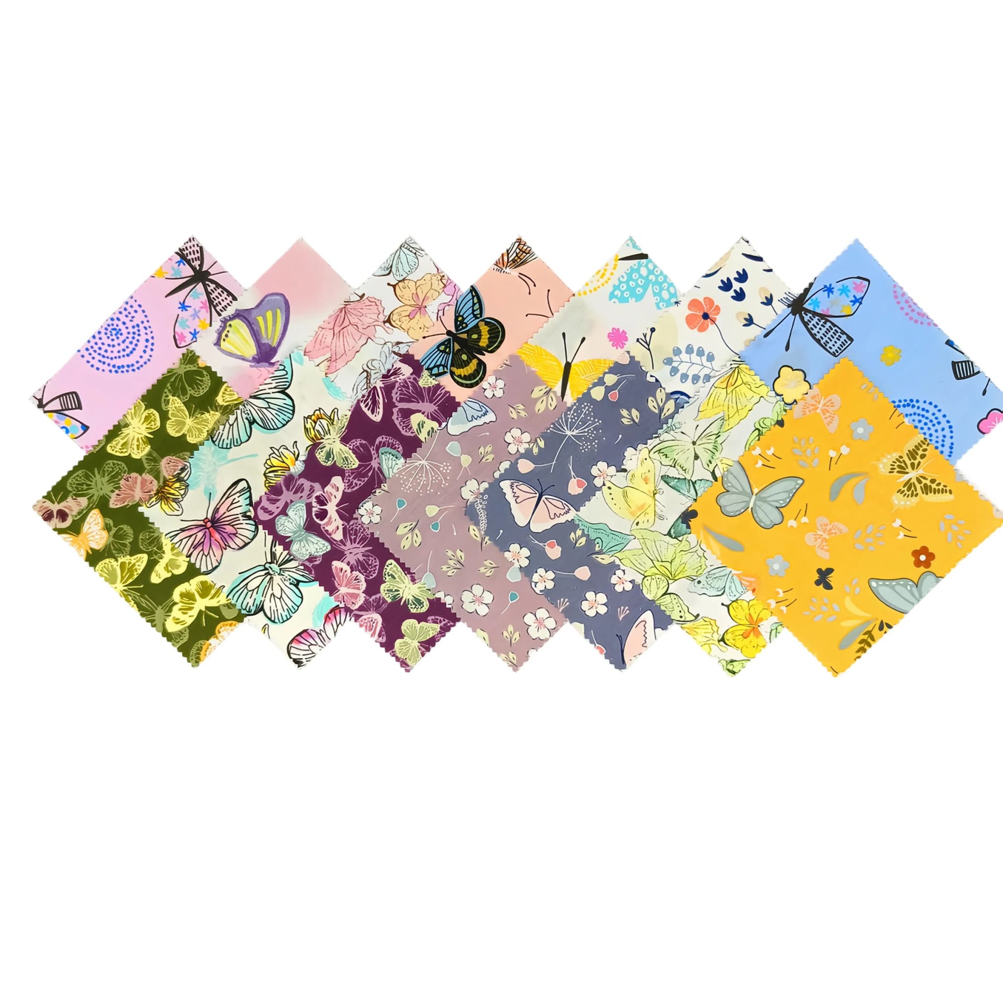 Conjunto de quadrados de tecido para costura e quilting com estampas florais e borboletas em cores variadas