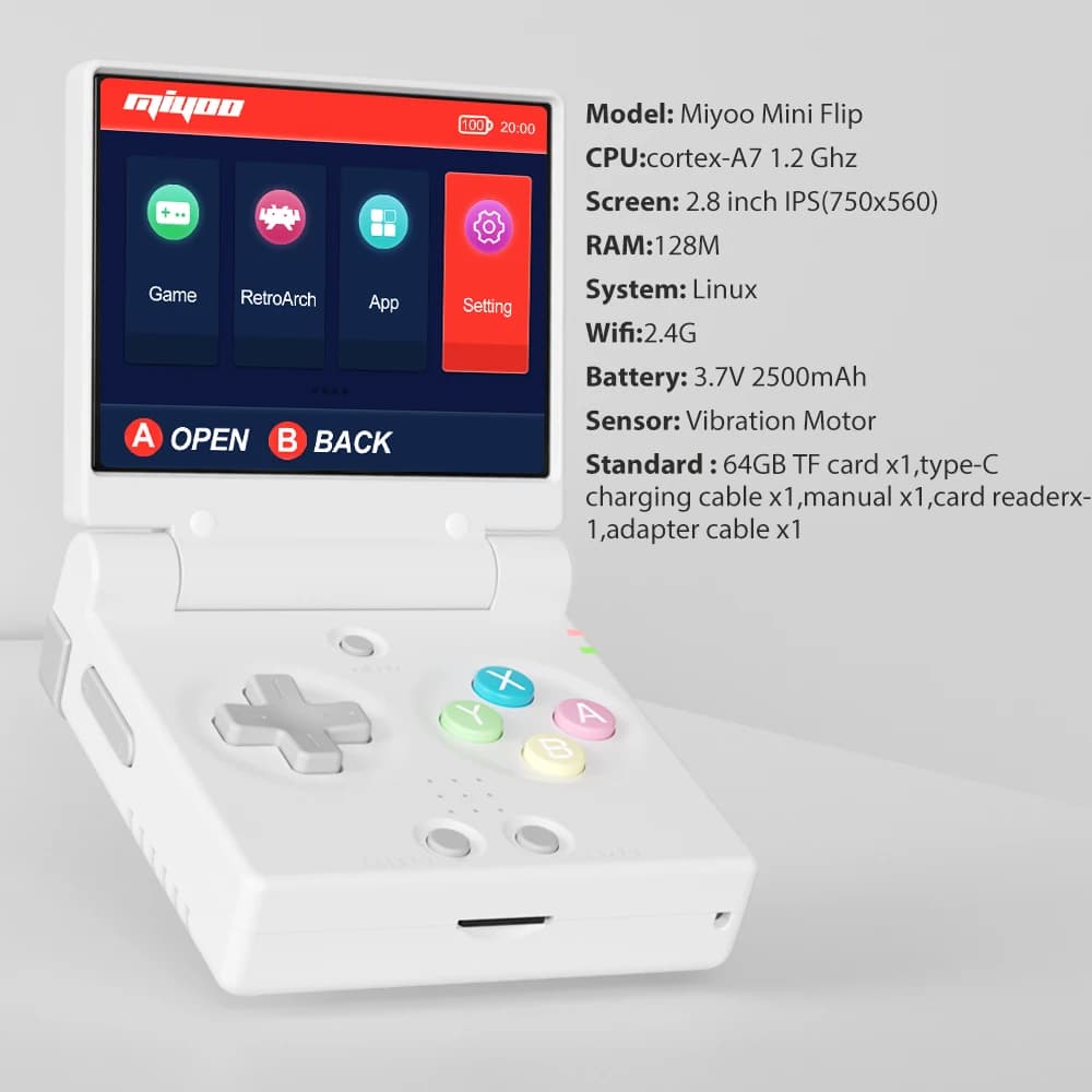 Console de jogos portátil MIYOO Mini Flip branco com tela IPS 2,8", 128MB RAM e sistema Linux