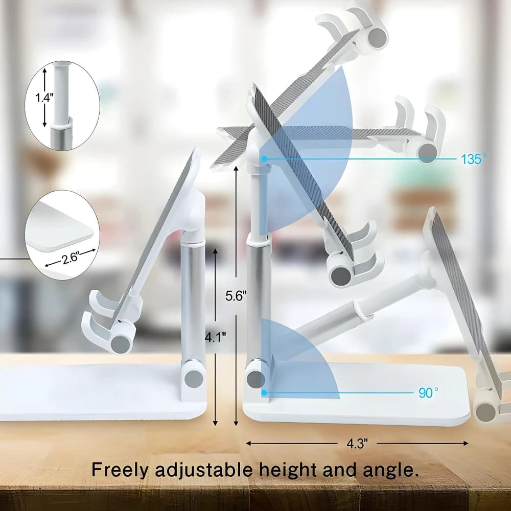 Suporte portátil para celular e tablet com ajuste de altura e ângulo em branco e prata