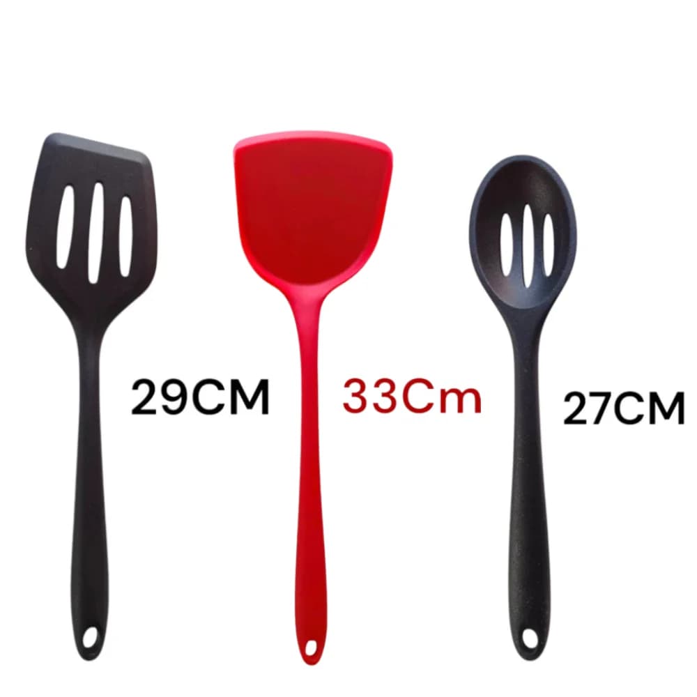 Kit utensílios cozinha silicone Jácotei 3 espátulas ergonômicas vermelho e preto tamanhos variados