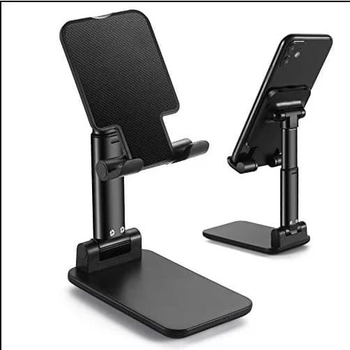 Suporte de mesa para celular articulado preto com altura regulável e base estável