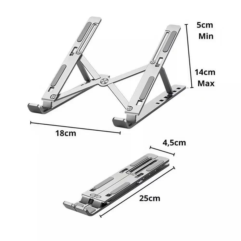 Suporte para notebook dobrável em alumínio prateado com medidas 18x25x5-14 cm e ajuste de altura regulável