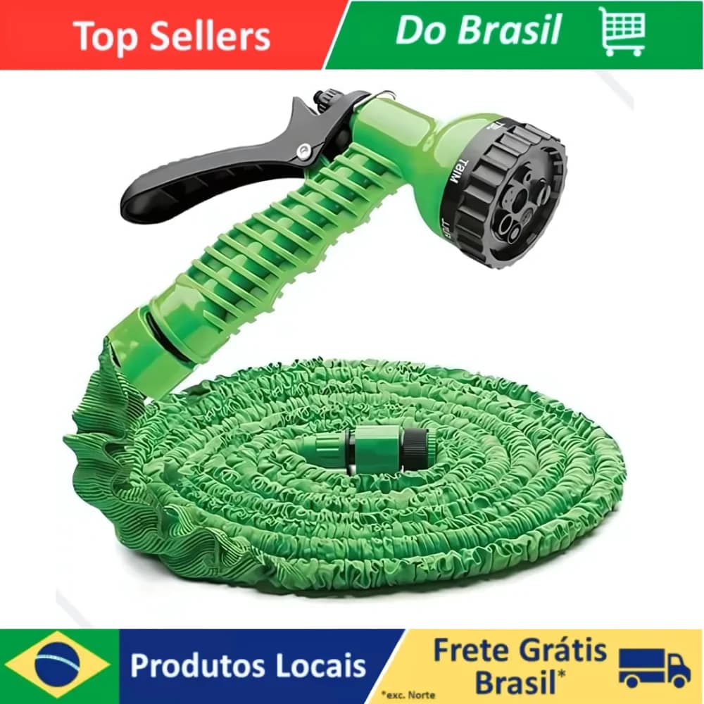 Mangueira mágica verde de 30 metros retrátil e flexível com bico de pulverização