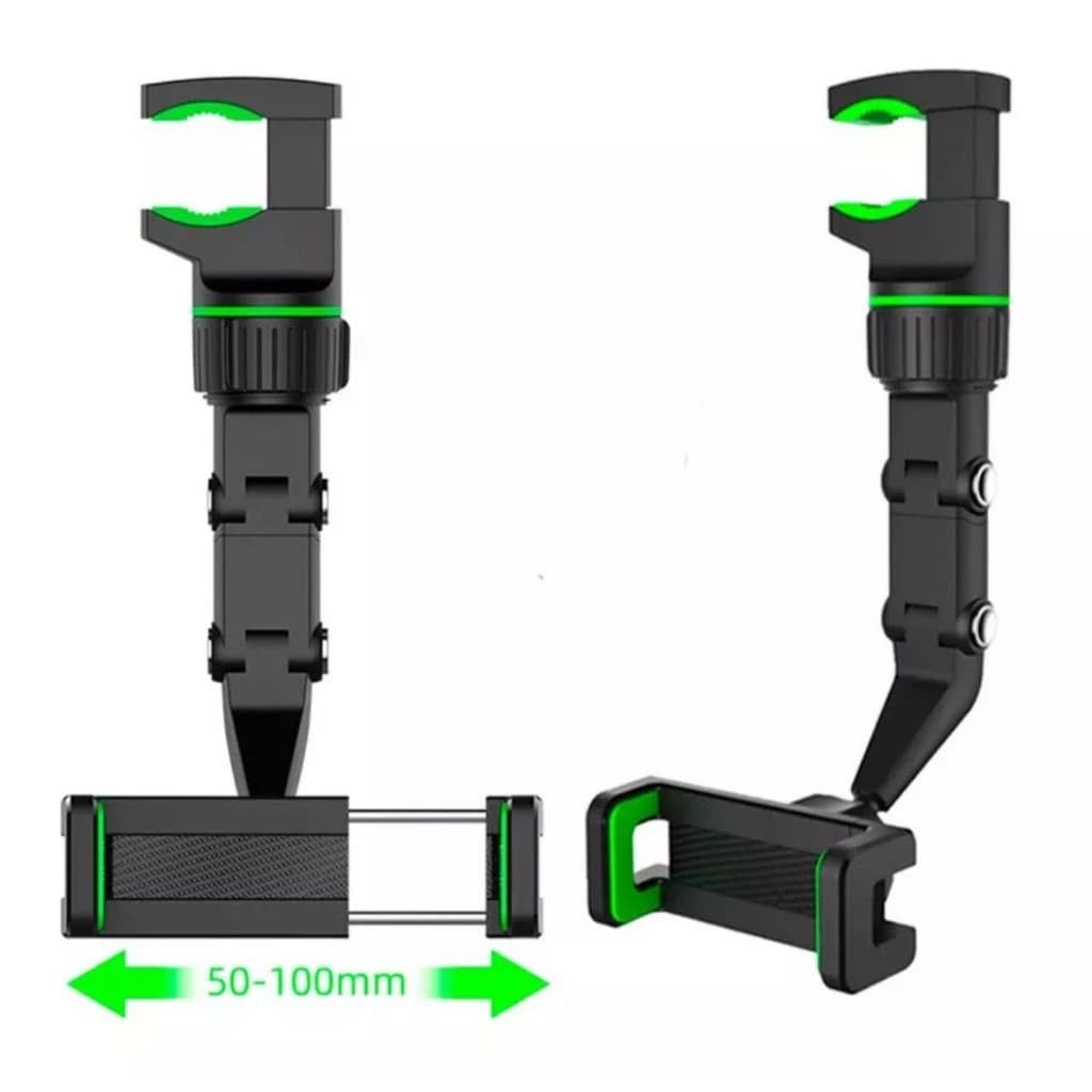 Suporte de celular para carro ajustável preto com almofadas verdes para celulares de 50 a 100 mm