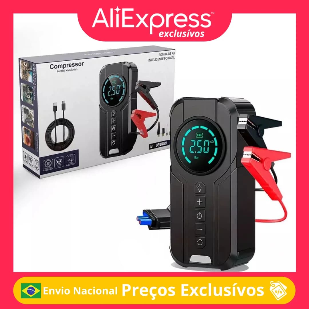 Compressor de ar portátil 12V 110V 220V para carro, moto e bicicleta com display digital