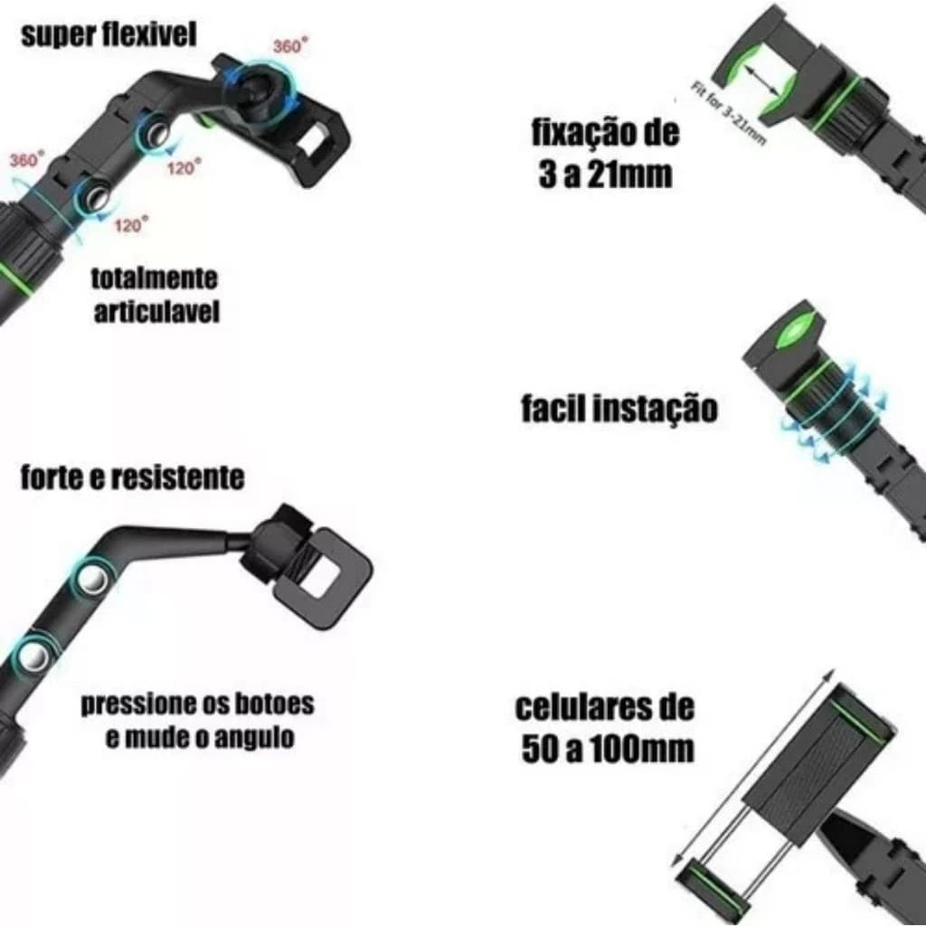Suporte de celular para carro preto multifuncional com ajuste 360 graus e articulação flexível resistente