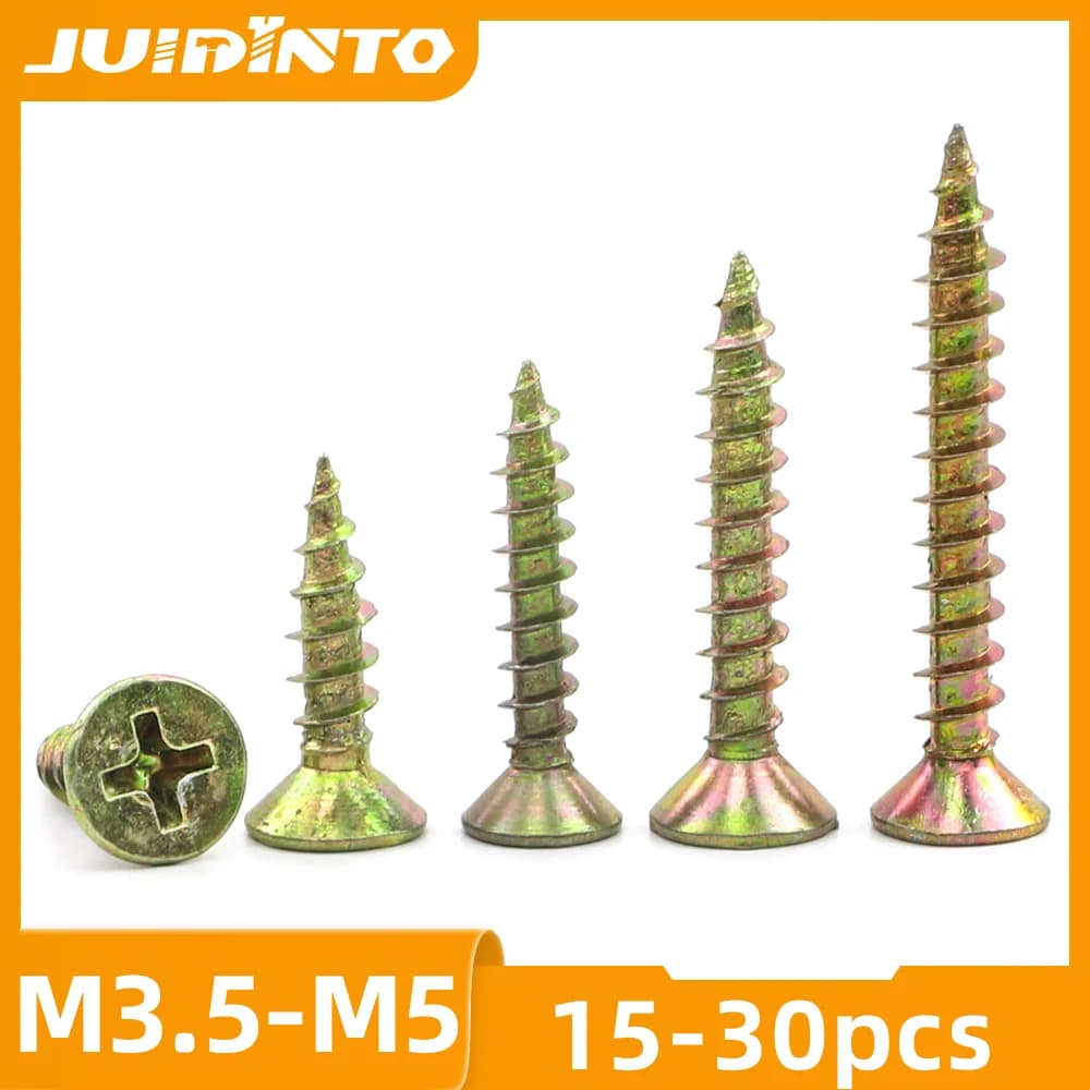 Juido 15-30 peças de parafusos de madeira, pregos de parafuso de fibra m3.5 m4 m5, parafuso de madeira auto-roscante de zinco amarelo para armário, parafuso de aglomerado