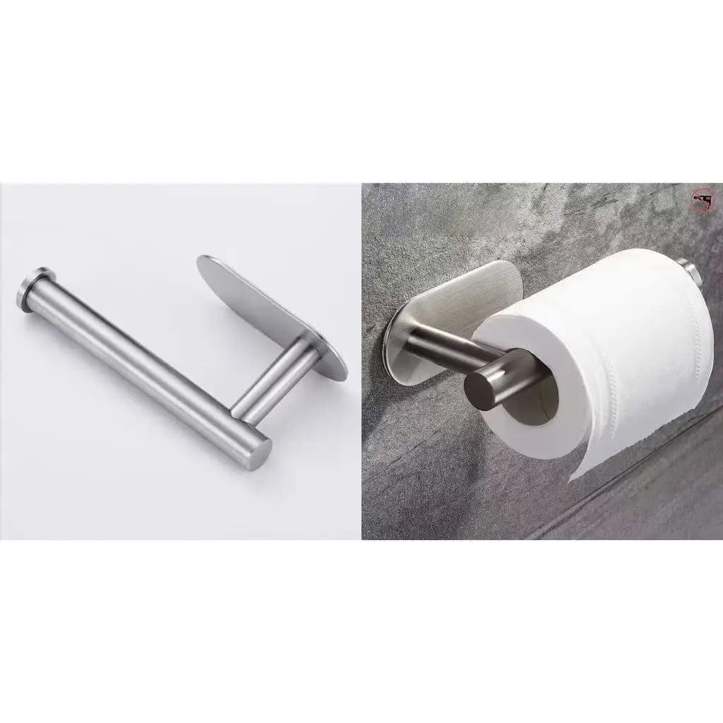 Porta papel higiênico em aço inox cromado prata instalado na parede com rolo de papel higiênico branco