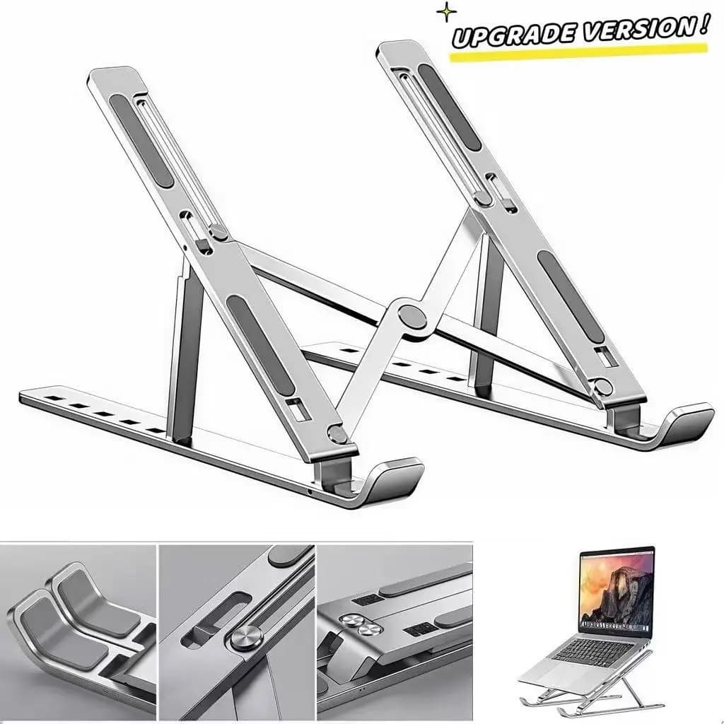 Suporte para notebook ergonômico dobrável em alumínio prateado com base ajustável e antiderrapante