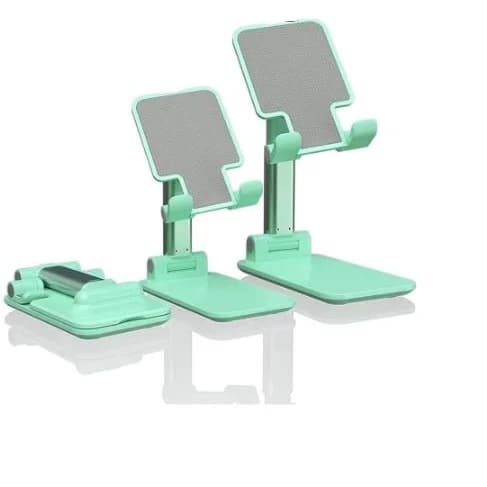 Suporte de mesa para celular articulado verde com altura regulável e base dobrável para transporte
