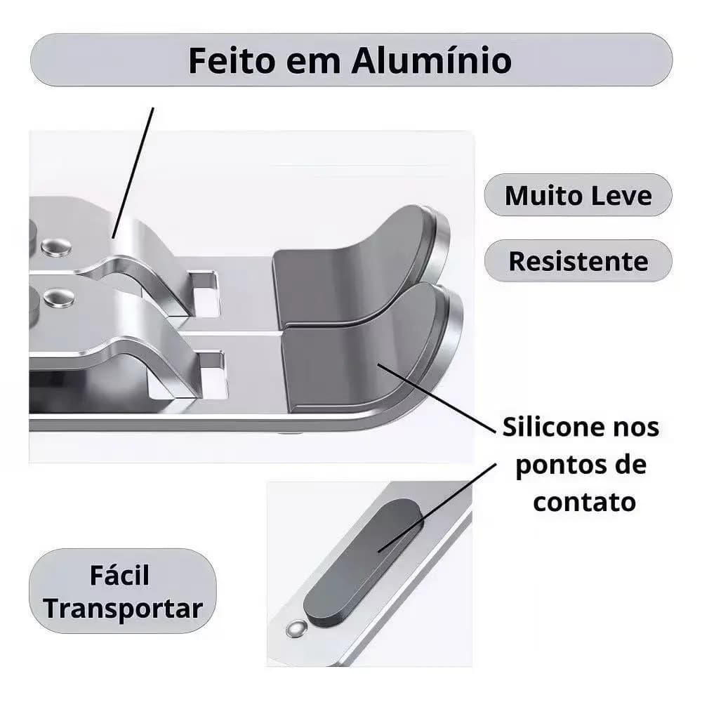 Suporte para notebook dobrável de alumínio ajustável prateado