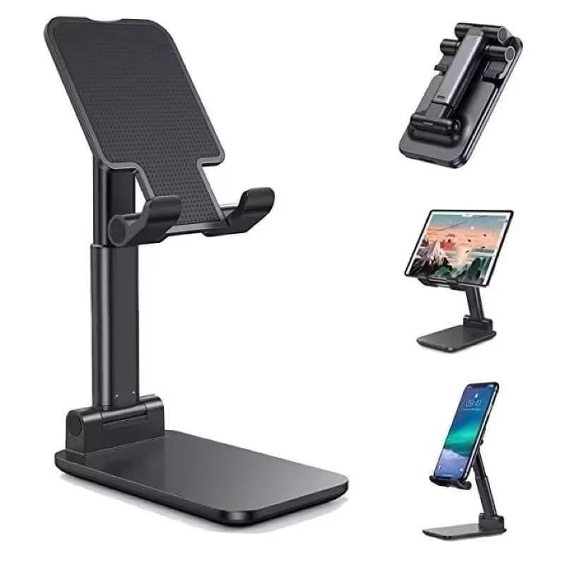 Suporte universal preto para tablet e celular, dobrável com base antiderrapante e ajuste de altura