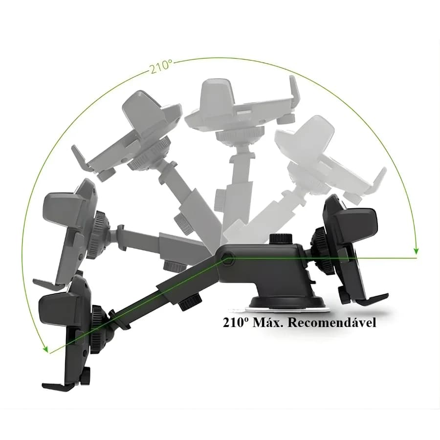 Suporte para celular veicular preto com ajuste de inclinação até 210 graus para melhor visualização