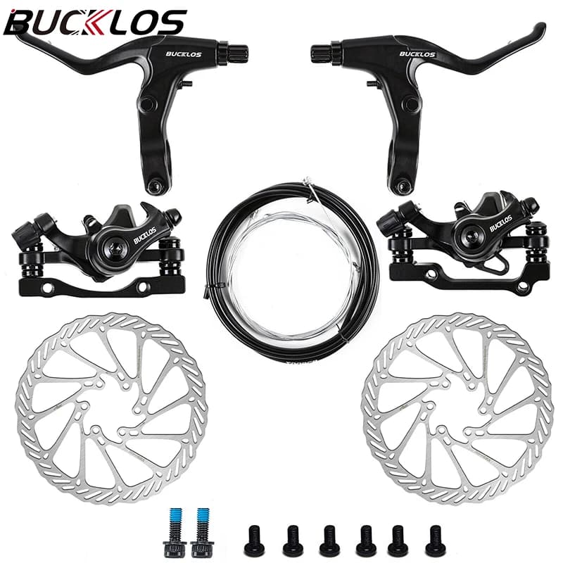 Kit de freio a disco mecânico Bucklos preto com detalhes prata, pinça e manete para bicicleta 22,2 mm