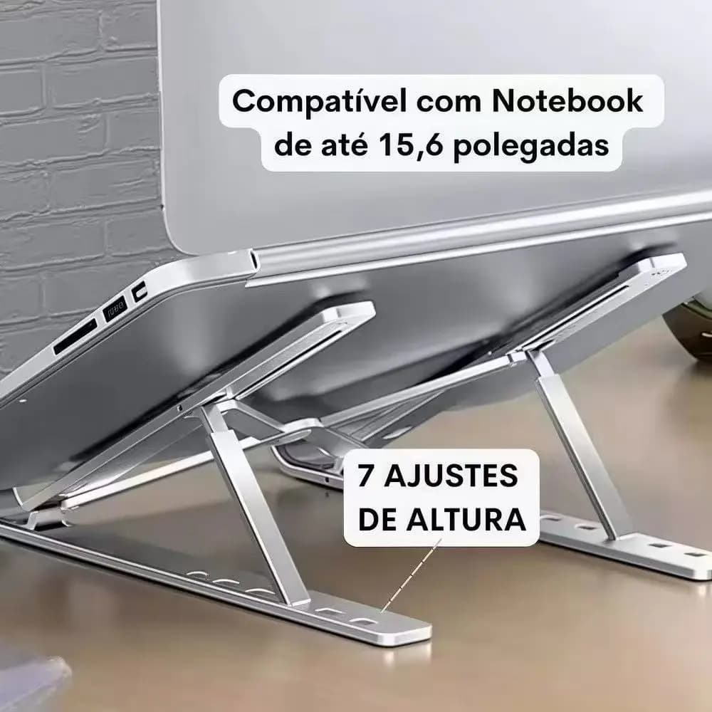 Suporte para notebook em alumínio prateado com 7 ajustes de altura compatível com notebooks até 15,6 polegadas
