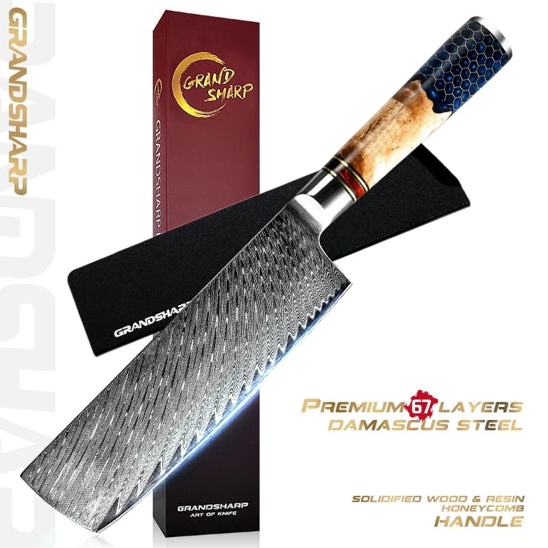 Faca de cozinha profissional japonesa Grandsharp nakiri, 7 polegadas, aço damasco, cabo de madeira e resina, embalada em caixa vermelha