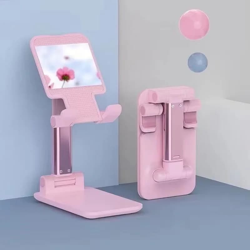 Suporte universal rosa para tablet e celular com design dobrável e superfície antiderrapante