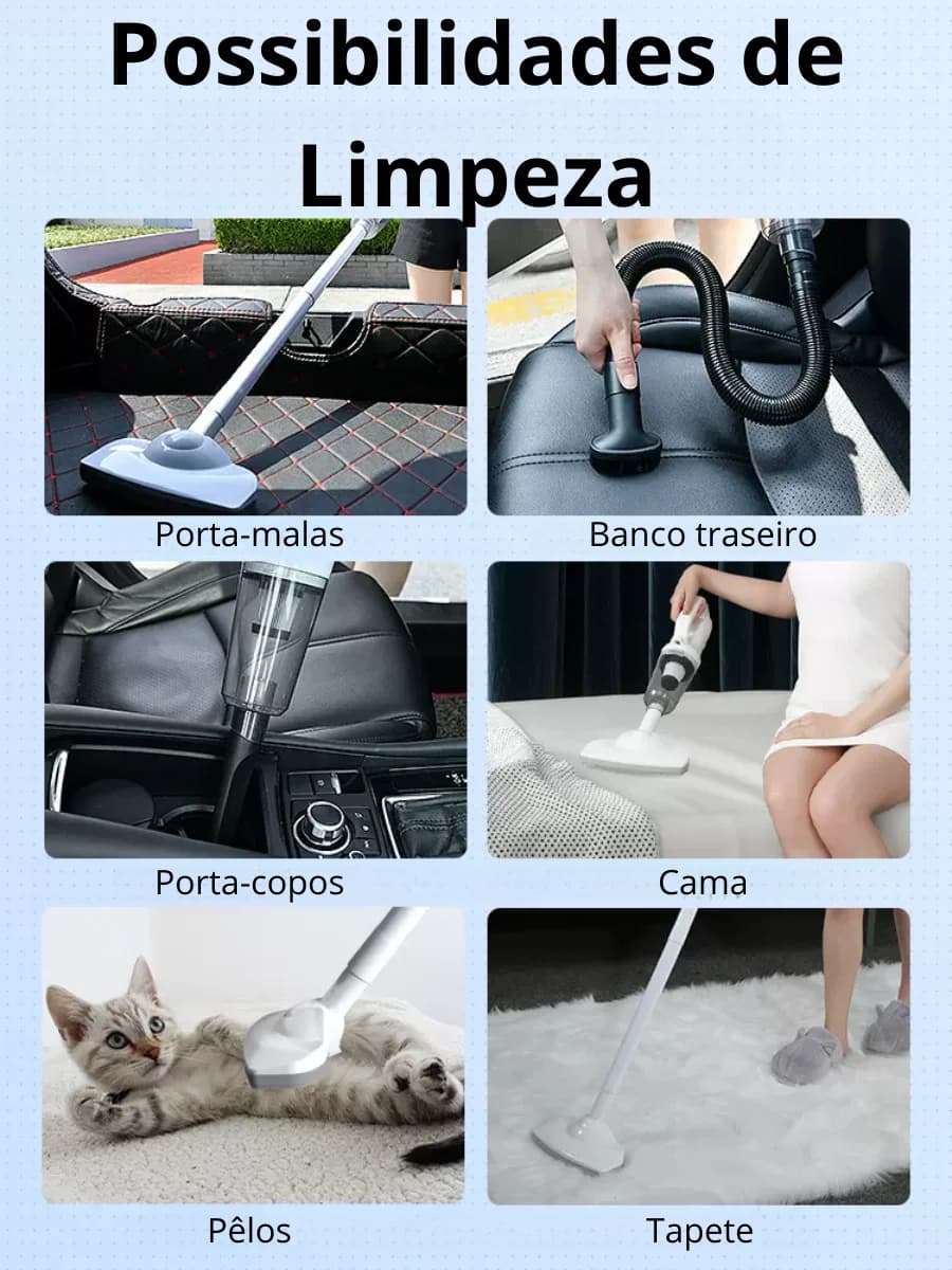 Aspirador portátil verde bivolt sem fio usado para limpar porta-malas, banco traseiro, porta-copos, cama, pelos e tapete