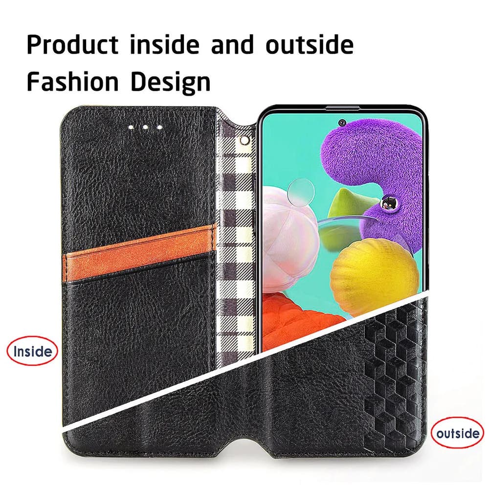 Interior e exterior da capa Johndan para Redmi Note 9 Pro com design xadrez e detalhes geométricos em couro preto