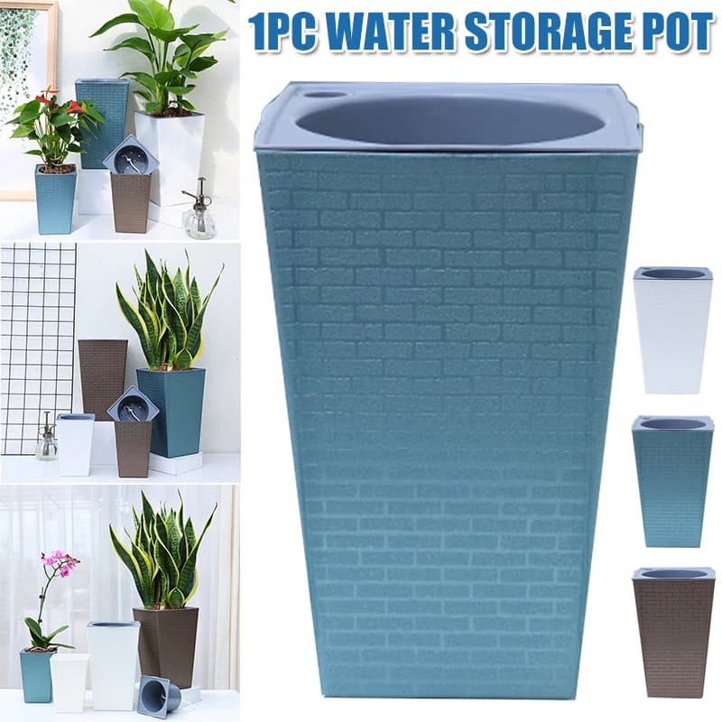 Vaso de flores com padrão de tijolo azul, imitação de metal, para jardinagem, com compartimento superior para armazenamento de água.
