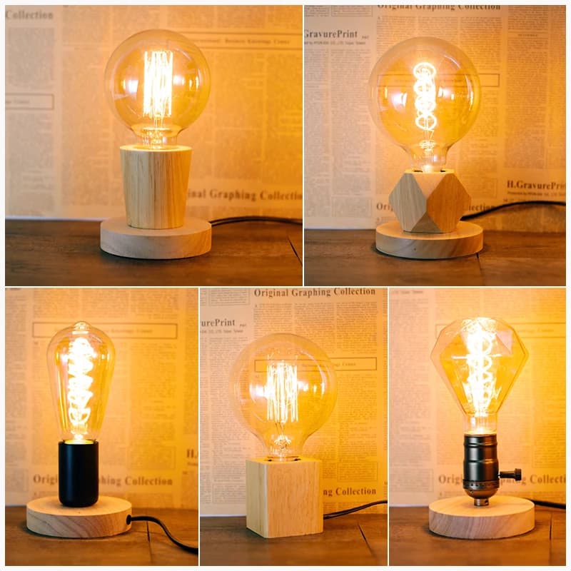 Luminária de Mesa Retrô Vintage de Madeira com Base E27, Luz Noturna com Interruptor, Plugue EU, para Quarto, Mesa de Cabeceira, Decoração de Chão, Múltiplas Opções
