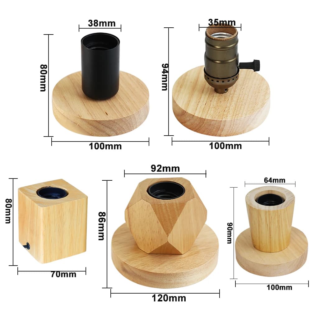 Luminárias de mesa vintage em madeira com bases metálicas E27, variados designs, fundo branco