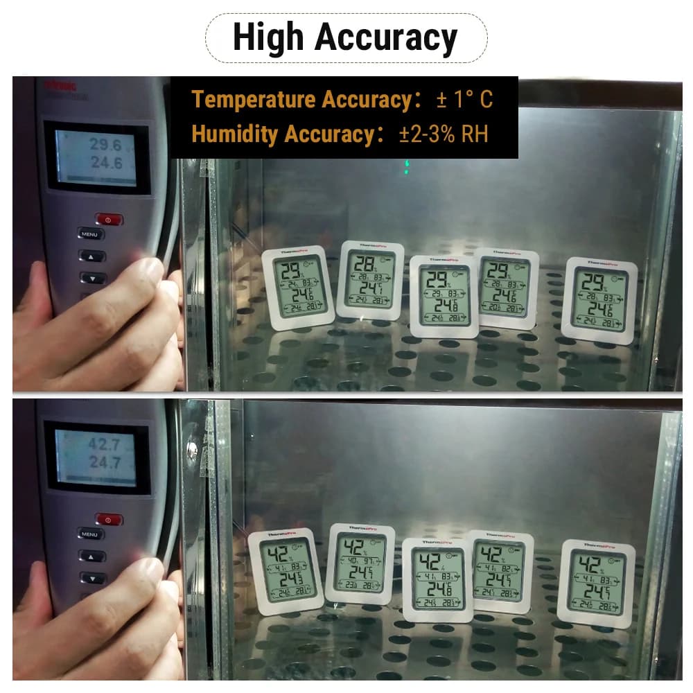 Teste de precisão do termômetro digital higrômetro Thermopro TP50 mostrando temperatura e umidade em ambiente controlado