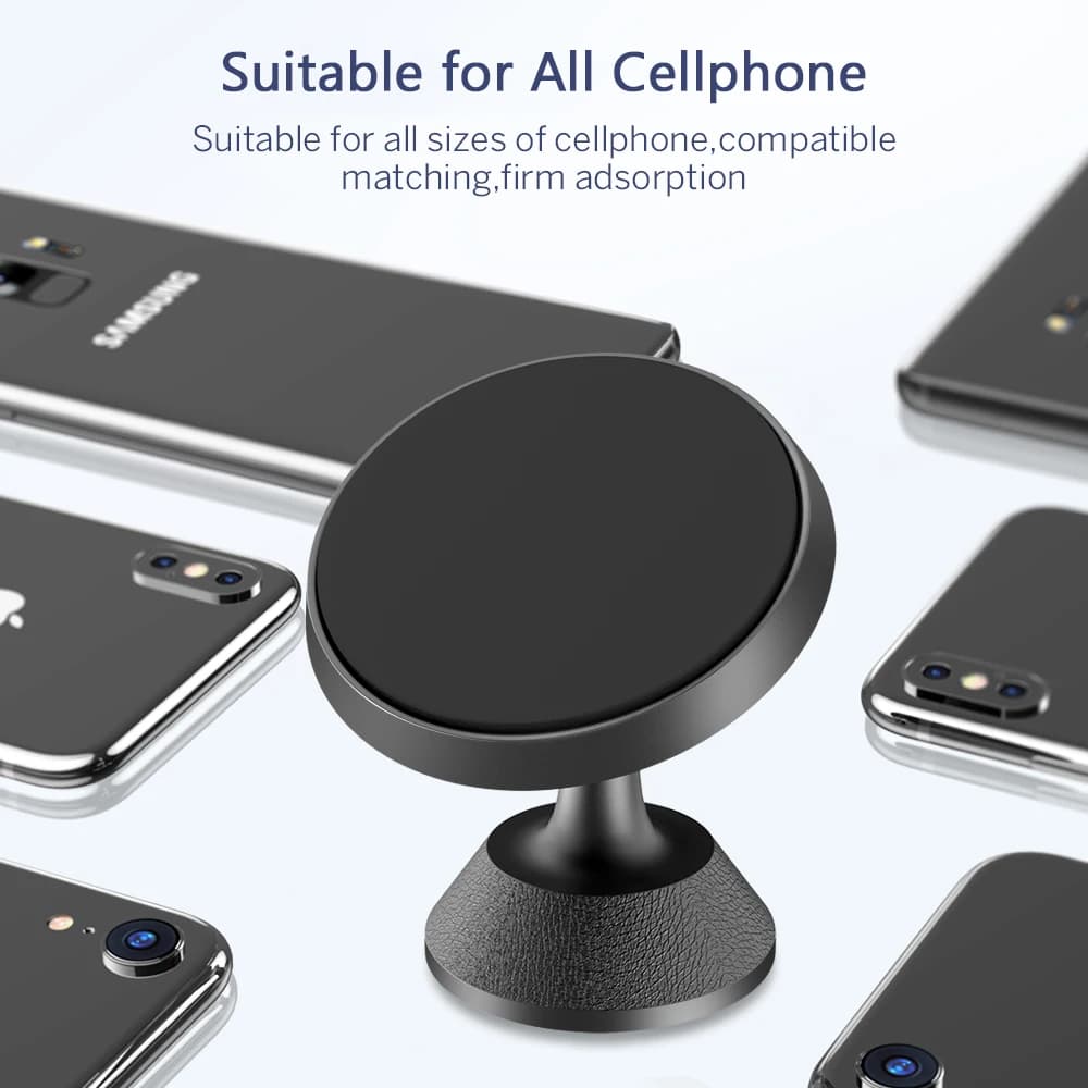 Suporte magnético universal para celular com base metálica e couro sintético preto compatível com todos os tamanhos