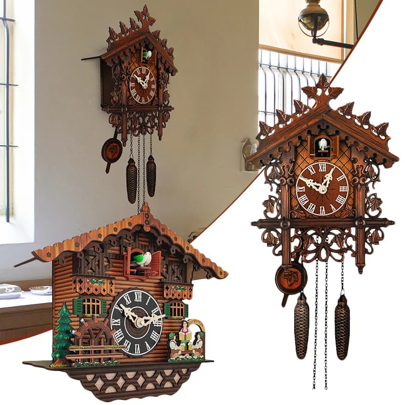 Relógio de parede vintage de madeira com design de cuco, estilo chalé, mostrador com números romanos e pássaro sai da caixa, cor marrom.
