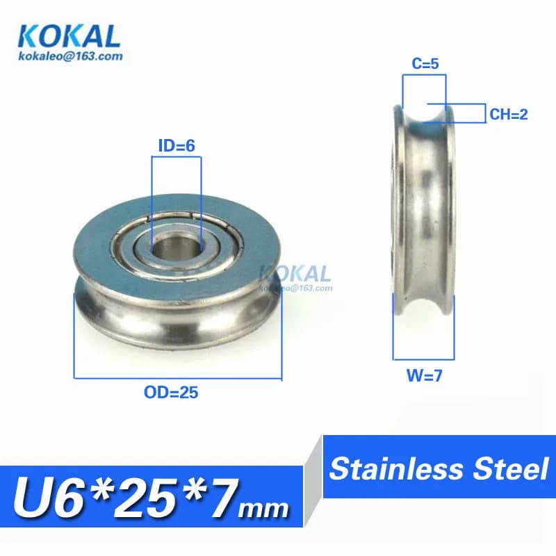 Rolo de rolamento de aço inoxidável, roda deslizante U-groove, prevenção de ferrugem, U0625-7, 6*25*7, 440C
