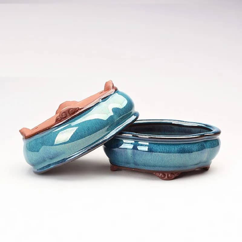 Conjunto de vaso de flores bonsai chinês cerâmico azul-turquesa com base ventilada e design elegante