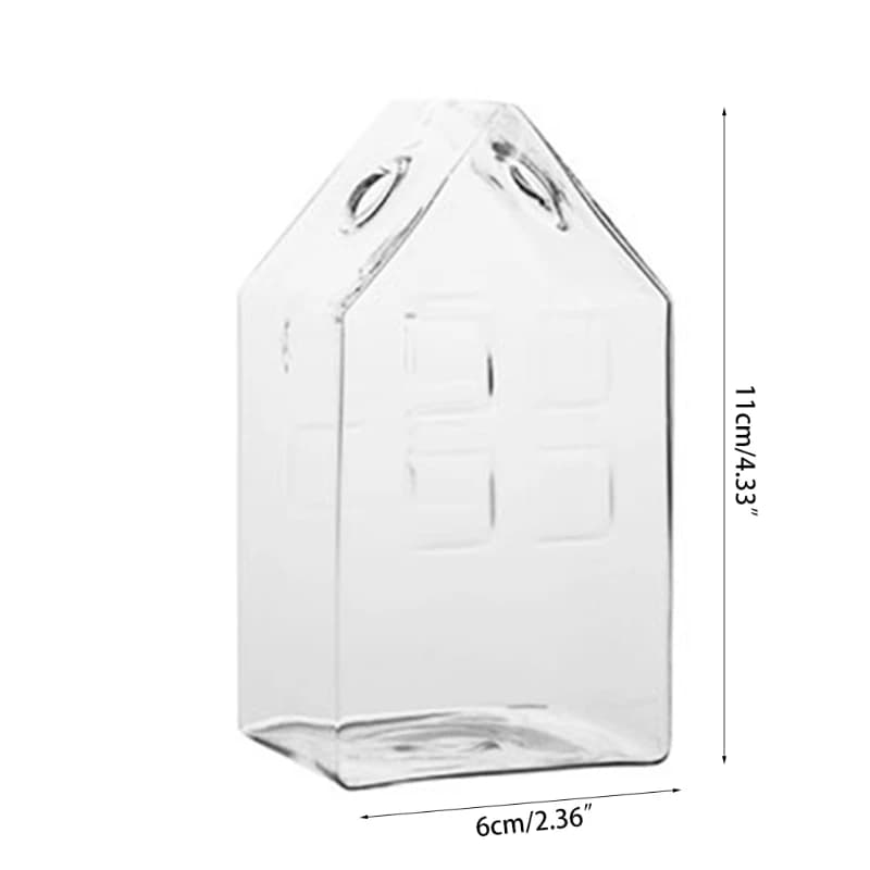 Vaso de vidro transparente formato casa com medidas 11cm altura e 6cm largura para flores secas