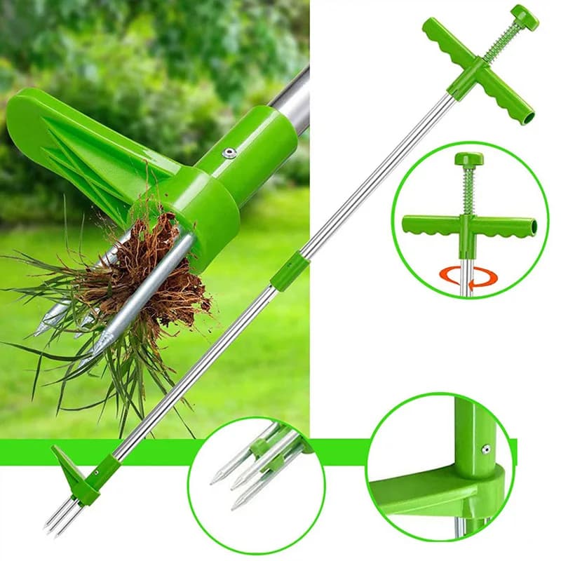 Extrator de ervas daninhas verde com alça longa em aço inox, detalhe das garras removendo raiz