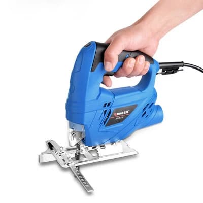 Serra elétrica multifuncional azul e preta para carpintaria, ferramenta manual para casa, serra circular com lâmina visível