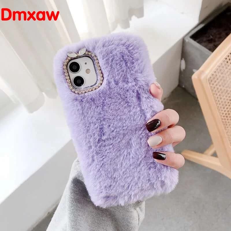 Capa pelúcia lilás para smartphone Xiaomi Redmi 9C 8A 10X Pro com detalhe brilhante na câmera