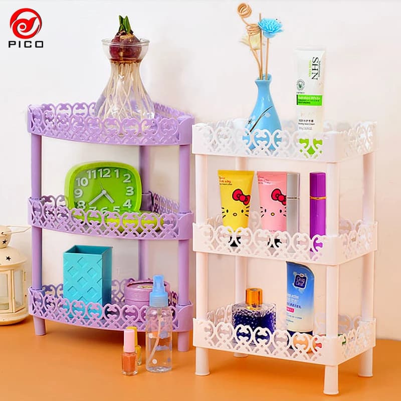 Suporte de três camadas organizador de mesa, estante de armazenamento de plástico, prateleiras multicamadas para cozinha e banheiro.
