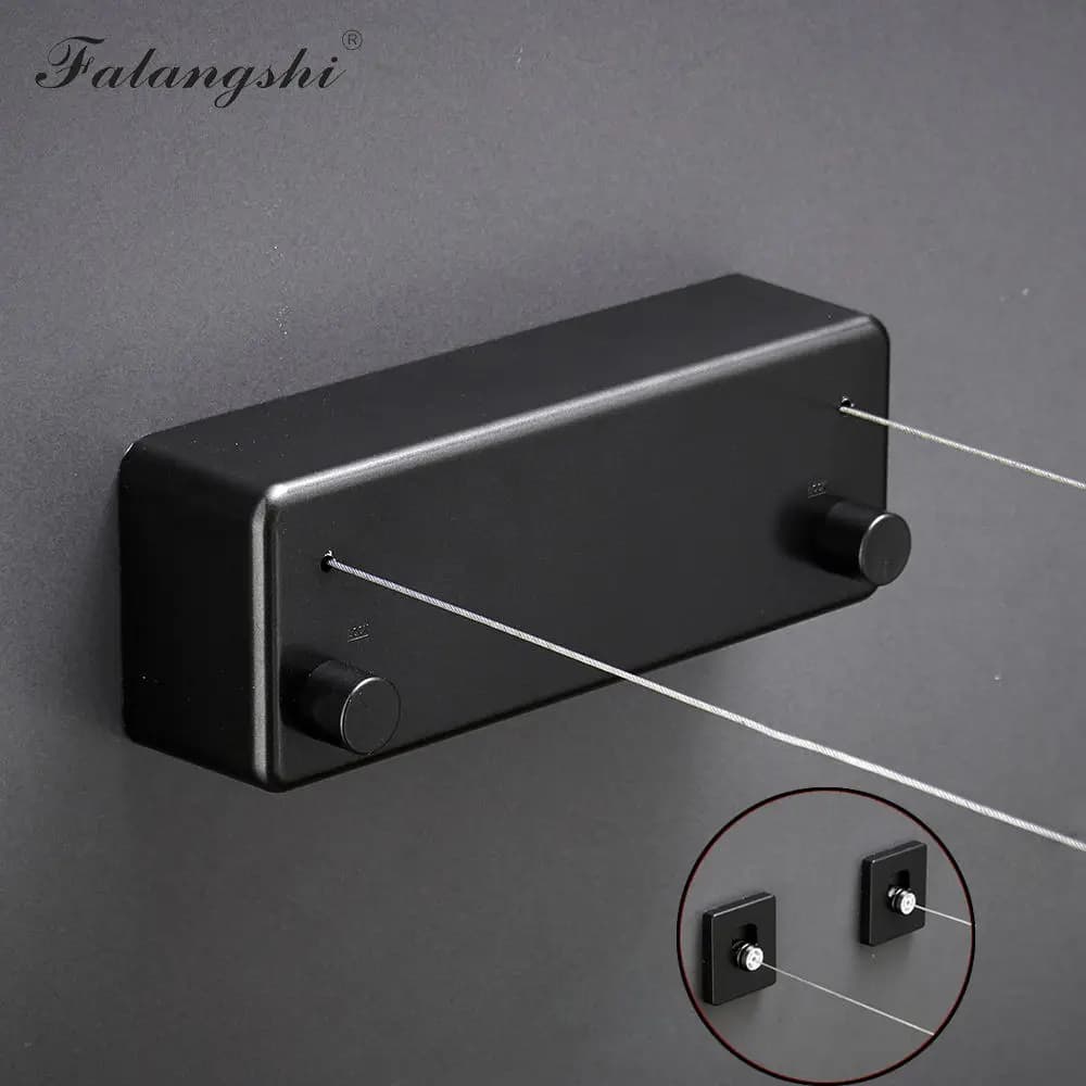 Varal retrátil de parede preto com cabos de aço inox e acabamento resistente para até 20 kg