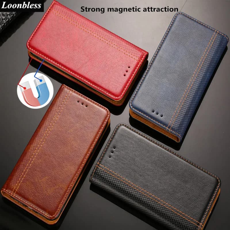 Capas de couro sintético para telefone Loonbless em vermelho, marrom, azul e preto