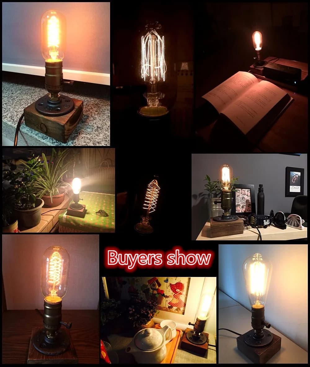 Luminária de Mesa Vintage Loft com Lâmpada Edison E27, Base de Madeira, Controle por Interruptor, Luminárias de Mesa para Bar e Decoração de Casa