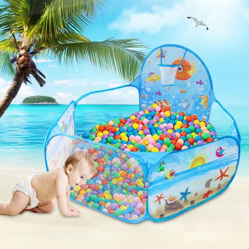 Túnel de brinquedos com tema de oceano, dobrável e portátil, com desenhos animados de peixes e estrelas do mar.