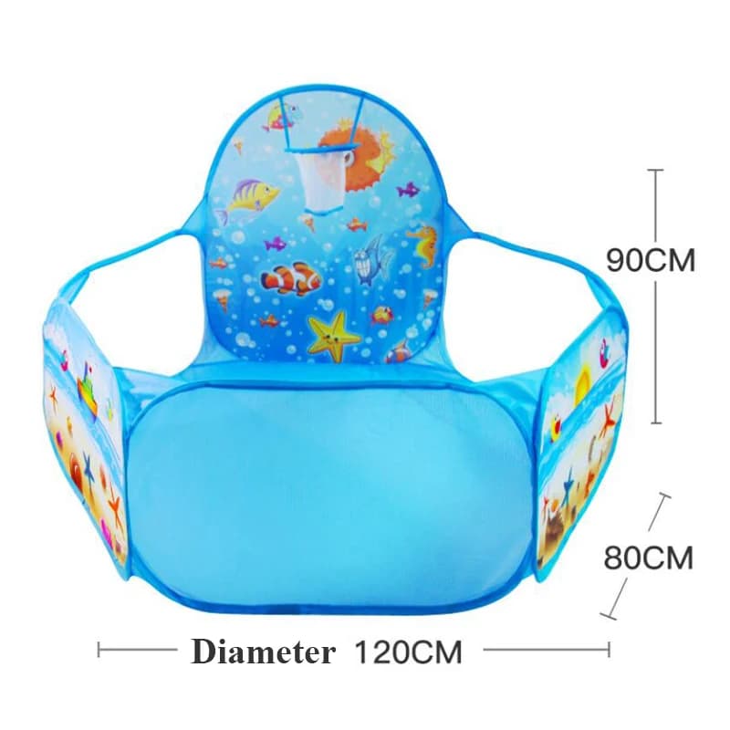 Brinquedo túnel infantil azul com tema oceano, material dobrável e portátil, com medidas 120x90x80cm