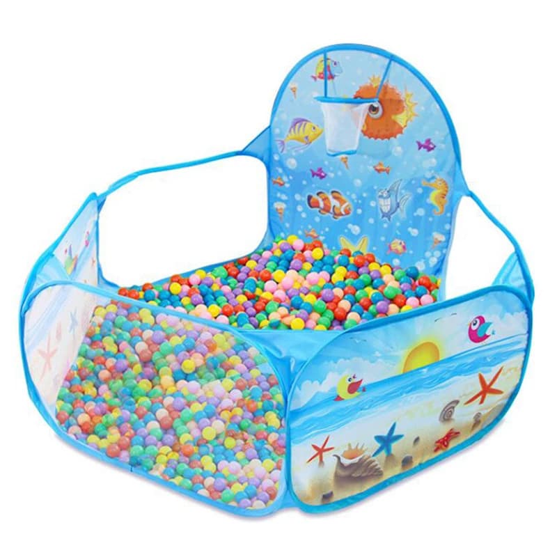 Brinquedo túnel infantil azul com bolas coloridas, tema oceano e design portátil e dobrável