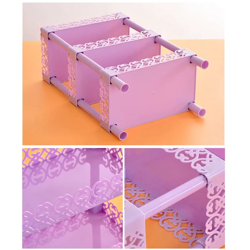 Detalhes do organizador de mesa roxo multicamadas em plástico com design vazado e estrutura desmontável
