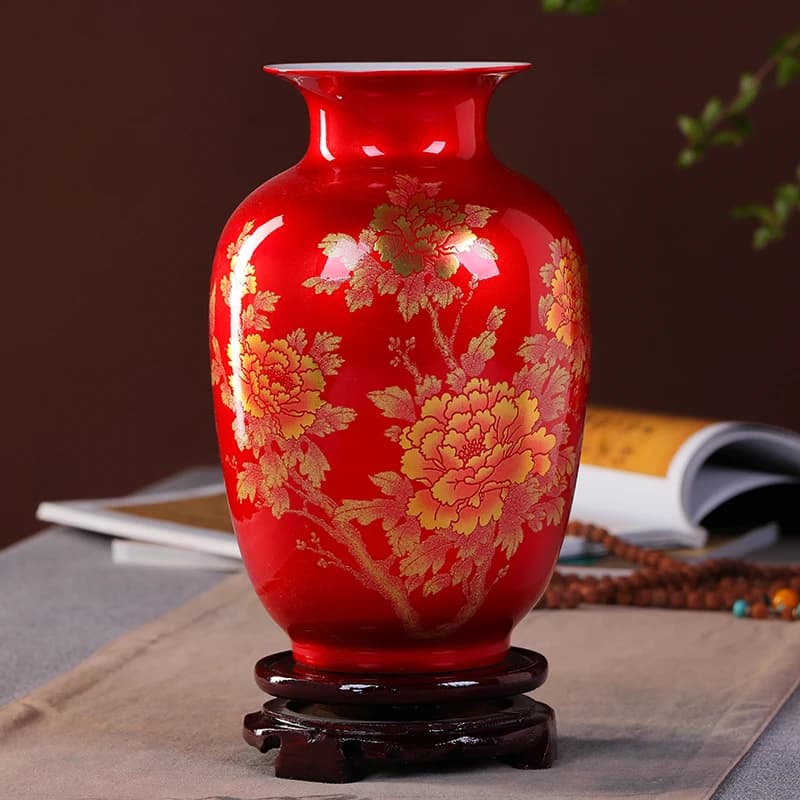 Vaso decorativo Jingdezhen clássico chinês em porcelana vermelha brilhante com flores douradas