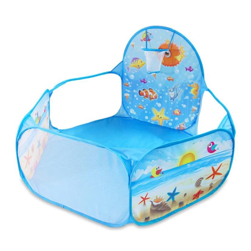 Túnel infantil azul dobrável com estampa de peixes e fundo do mar, lateral com tela de ventilação