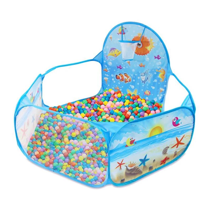Túnel de brinquedos com tema de oceano, dobrável e portátil, com desenhos animados de peixes e estrelas do mar.